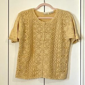 Women’s Vintage Lacey Knit Beige Cream Button Short Sleeve Cottagecore Shirt